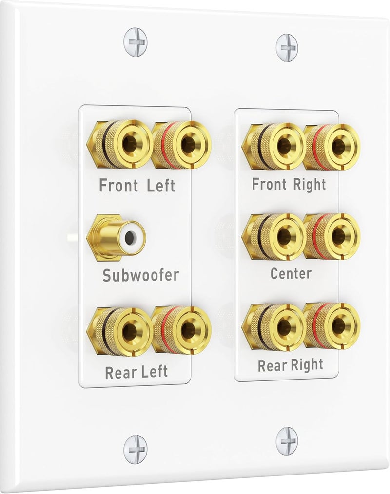 CableMatters Double Gang 5.1 Speaker Wall Plate for Home Theater, Gold Plated Speaker Wire Wall Plate with Banana Plug, White - Image 1